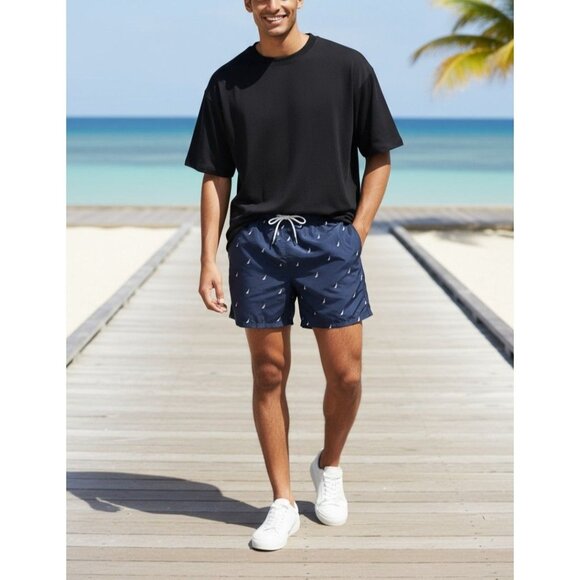 Nautica Mens 2XL Navy Swim Shorts With White Sailboat Print & Drawstring Closure - Picture 1 of 5